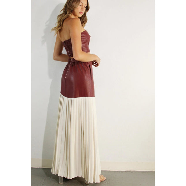 Faux Leather Top And Pleated Slit Skirt Set WINE