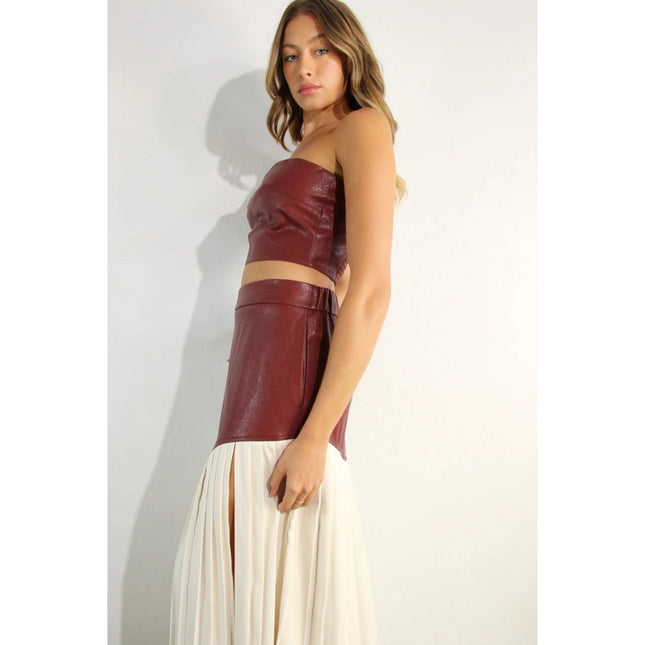 Faux Leather Top And Pleated Slit Skirt Set WINE