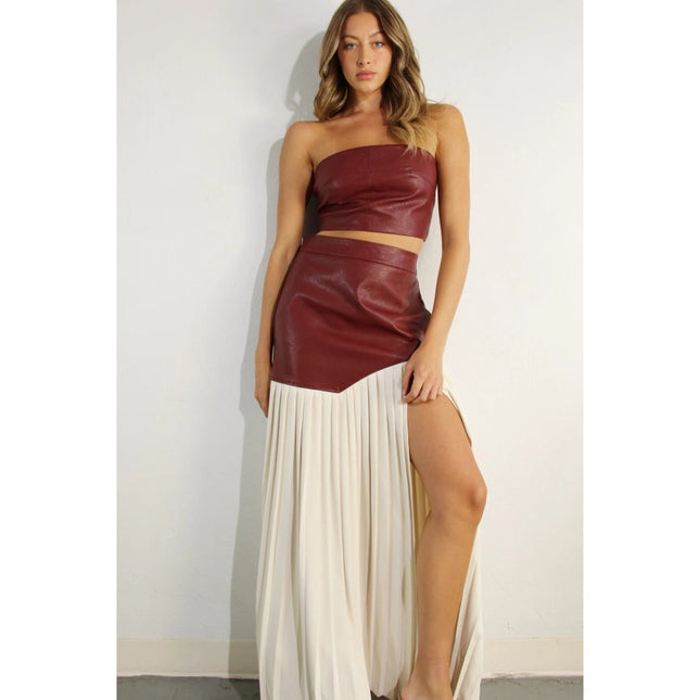 Faux Leather Top And Pleated Slit Skirt Set WINE