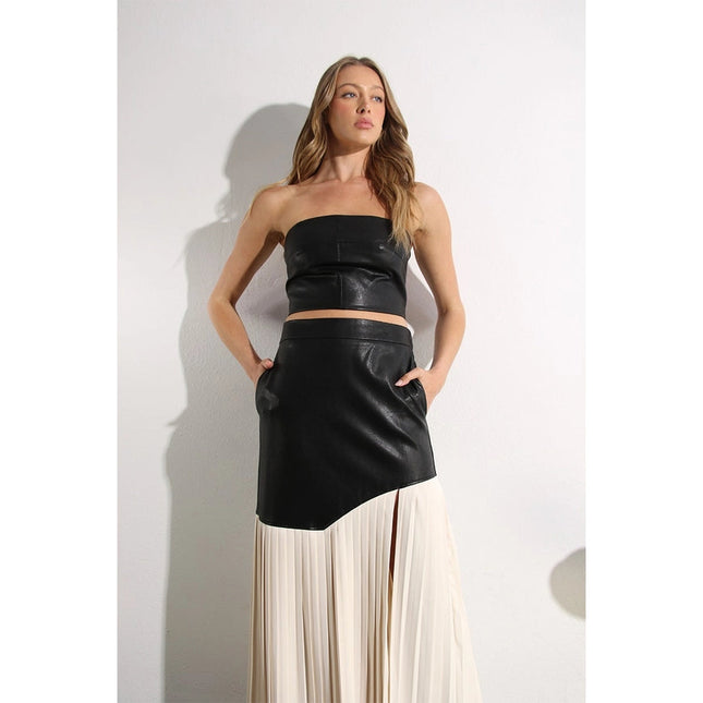 Faux Leather Top and Pleated Slit Skirt Set-Set-Mulla-Urbanheer