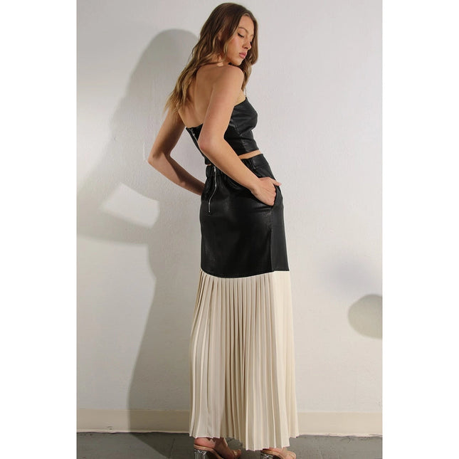 Faux Leather Top and Pleated Slit Skirt Set-Set-Mulla-Urbanheer