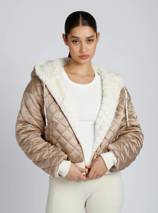 Fawn Reversible Faux Fur Hoodie - Taupe