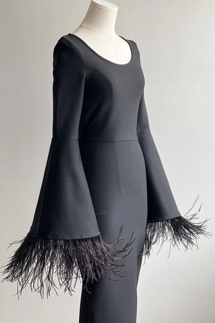 Feather-Sleeve Bell Sleevesblack Dress - Pure Elegance