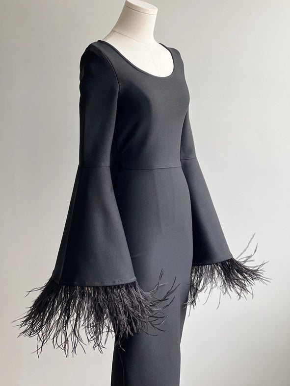 Feather-Sleeve Bell Sleevesblack Dress - Pure Elegance