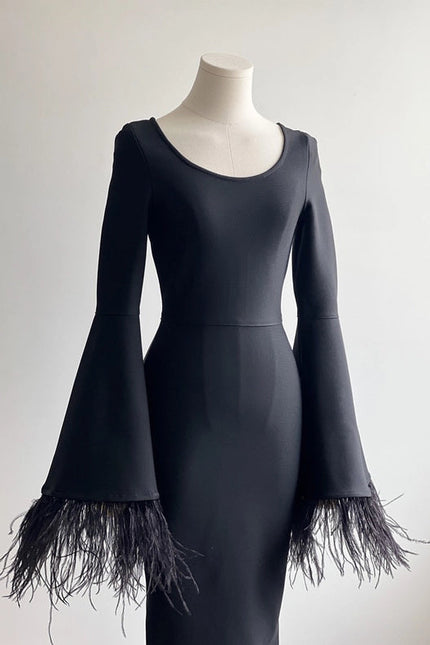 Feather-Sleeve Bell Sleevesblack Dress - Pure Elegance