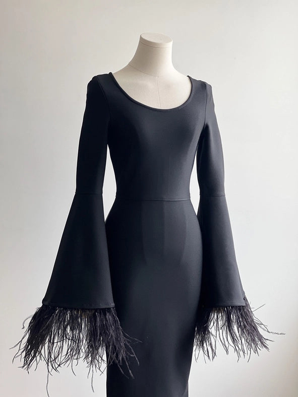 Feather-Sleeve Bell Sleevesblack Dress - Pure Elegance