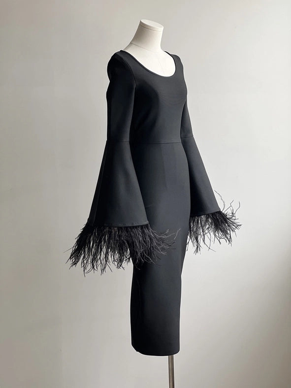 Feather-Sleeve Bell Sleevesblack Dress - Pure Elegance