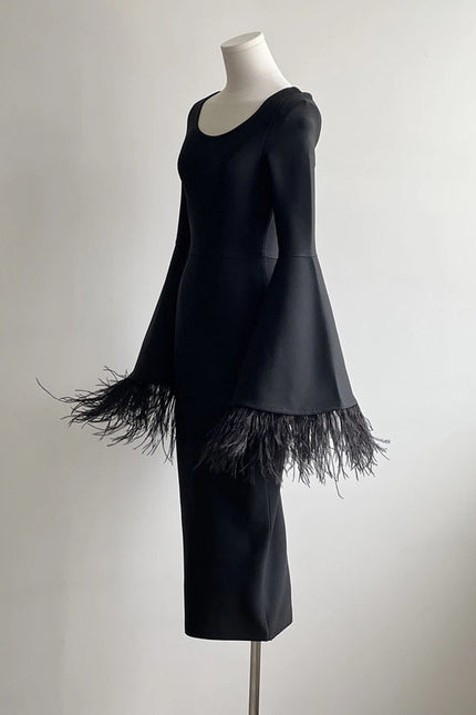 Feather-Sleeve Bell Sleevesblack Dress - Pure Elegance