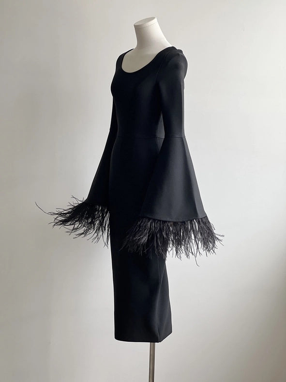 Feather-Sleeve Bell Sleevesblack Dress - Pure Elegance