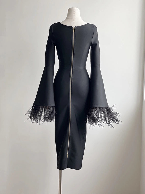 Feather-Sleeve Bell Sleevesblack Dress - Pure Elegance