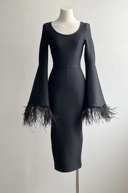 Feather-Sleeve Bell Sleevesblack Dress - Pure Elegance