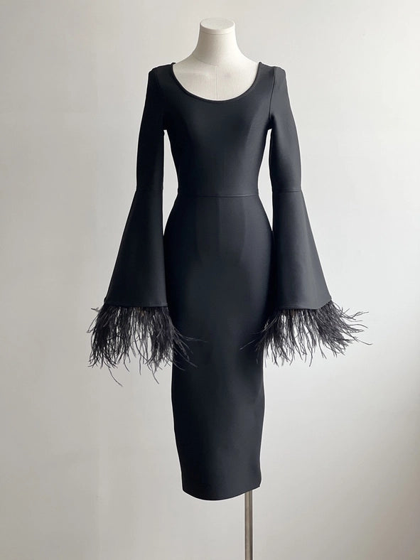 Feather-Sleeve Bell Sleevesblack Dress - Pure Elegance