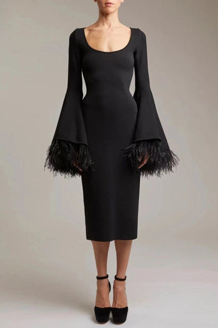 Feather-Sleeve Bell Sleevesblack Dress - Pure Elegance