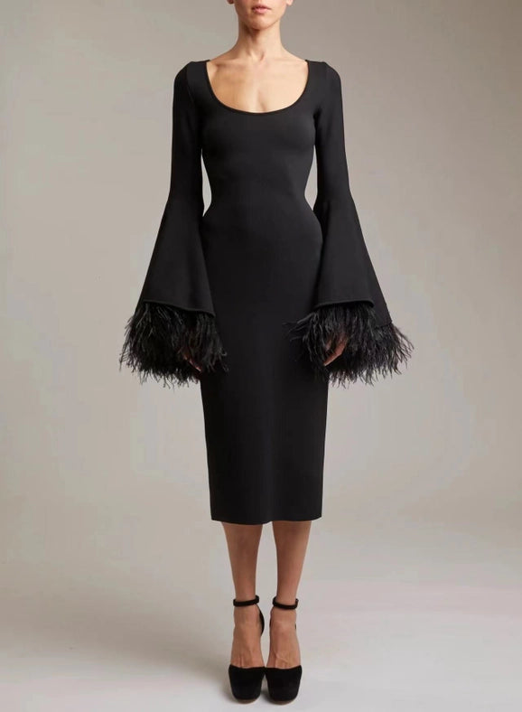 Feather-Sleeve Bell Sleevesblack Dress - Pure Elegance