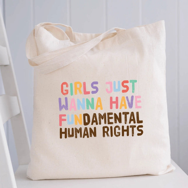 Feminist Tote Bag Girls Just Wanna Have Fun Girl Power Totes-Bag-P E T I T R U E-16"W x 14"H x 3"D-Urbanheer