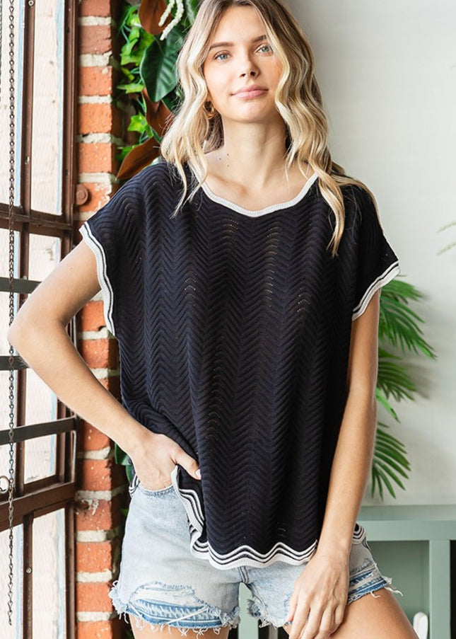 First Love Full Size Contrast Wavy Crochet Drop Shoulder Knit Top