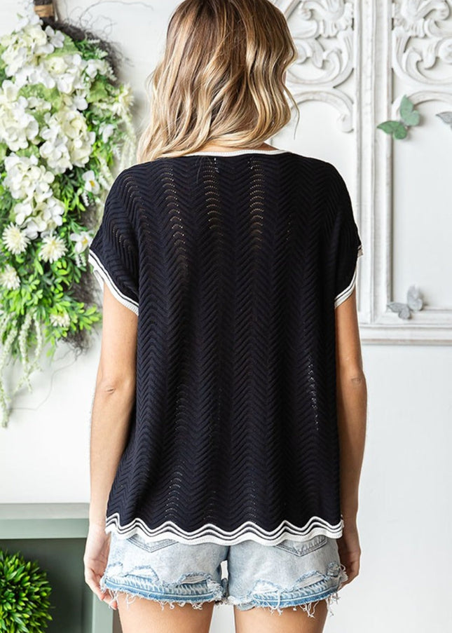 First Love Full Size Contrast Wavy Crochet Drop Shoulder Knit Top