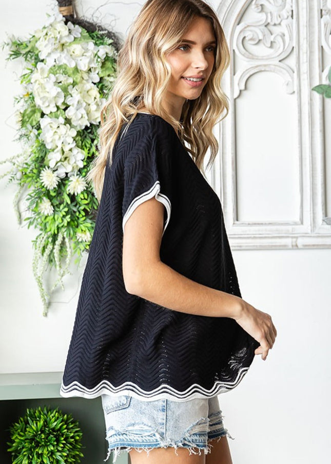 First Love Full Size Contrast Wavy Crochet Drop Shoulder Knit Top