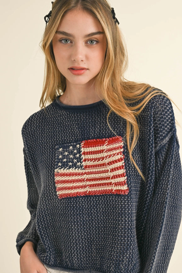 Flag Knitted Sweater Top BLUE GREY