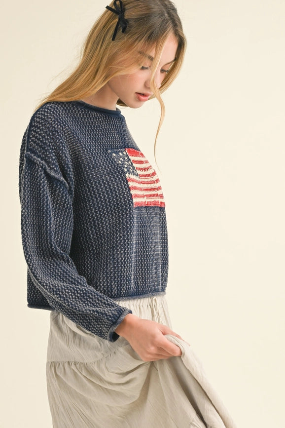 Flag Knitted Sweater Top BLUE GREY