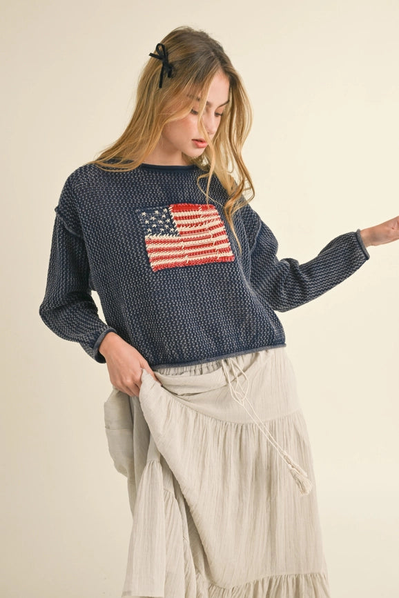 Flag Knitted Sweater Top BLUE GREY