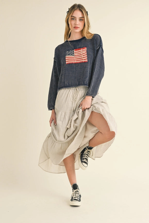 Flag Knitted Sweater Top BLUE GREY