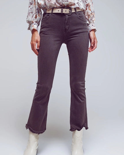 Flare Jeans With Raw Hem Edge In Dark Grey