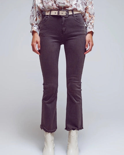 Flare Jeans With Raw Hem Edge In Dark Grey