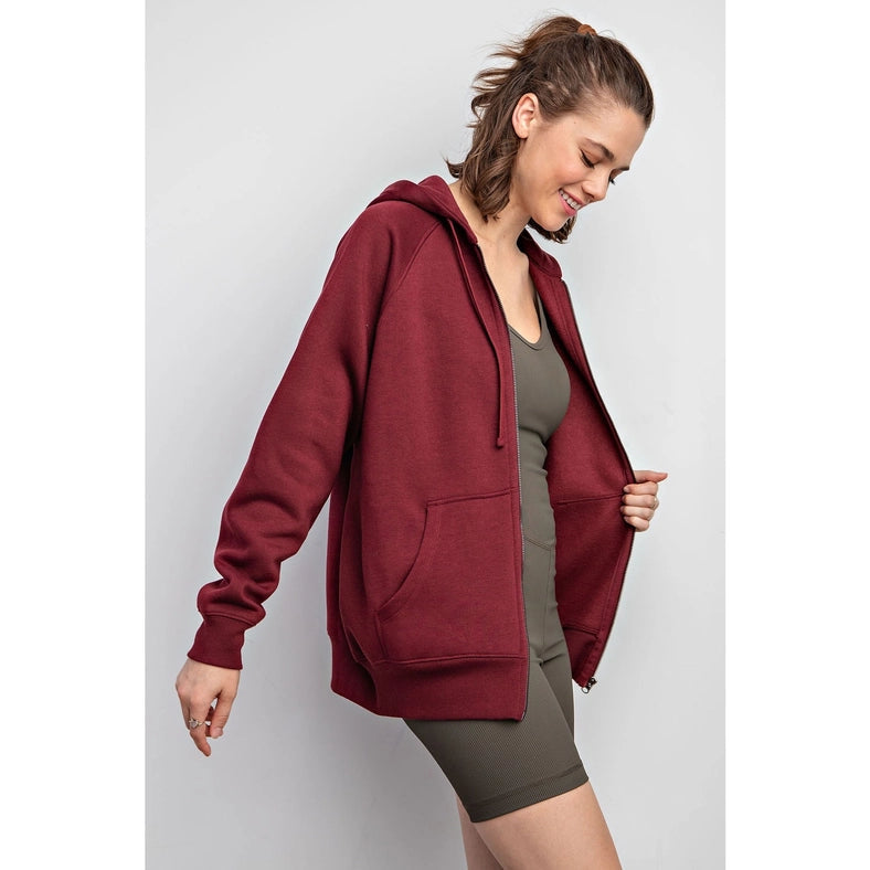 Fleece French Terry Full Zip Hoodie Jacket Burgundy