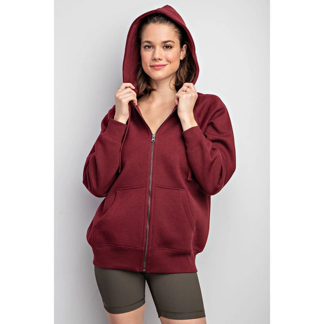 Fleece French Terry Full Zip Hoodie Jacket Burgundy