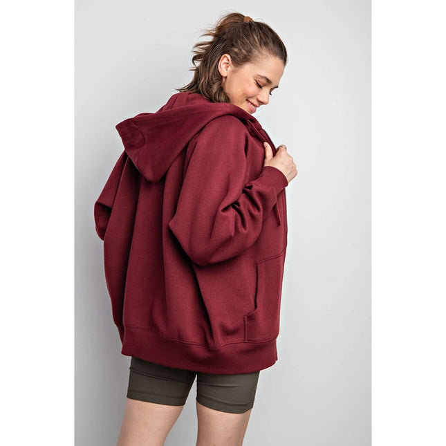 Fleece French Terry Full Zip Hoodie Jacket Burgundy