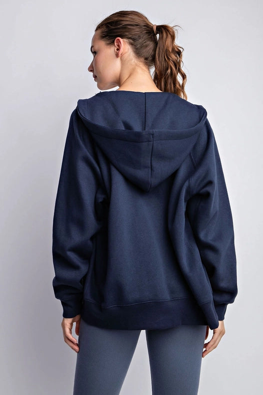 Fleece French Terry Full Zip Hoodie Jacket Navy