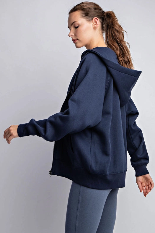 Fleece French Terry Full Zip Hoodie Jacket Navy