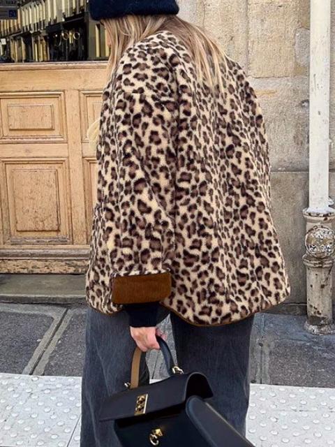 Fleece Leopard Print Wool Jacket