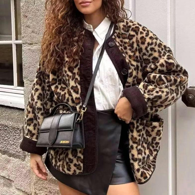 Fleece Leopard Print Wool Jacket