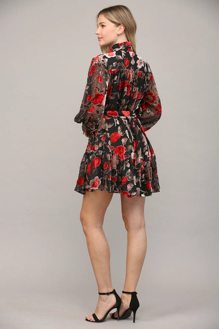 Floral Burnout Velvet Waist Tie Button Front Dress