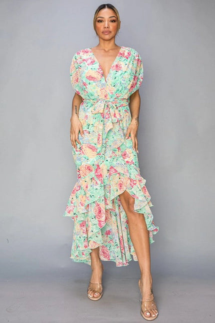 Floral Chiffon Hi Lo Ruffled Tie Waist Dress