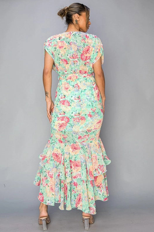 Floral Chiffon Hi Lo Ruffled Tie Waist Dress