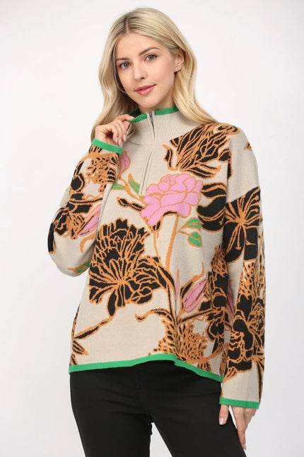 Floral Jacquard Knit Mock Neck Half Zip Sweater