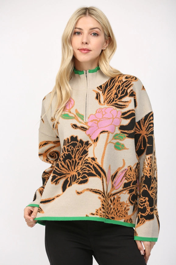 Floral Jacquard Knit Mock Neck Half Zip Sweater