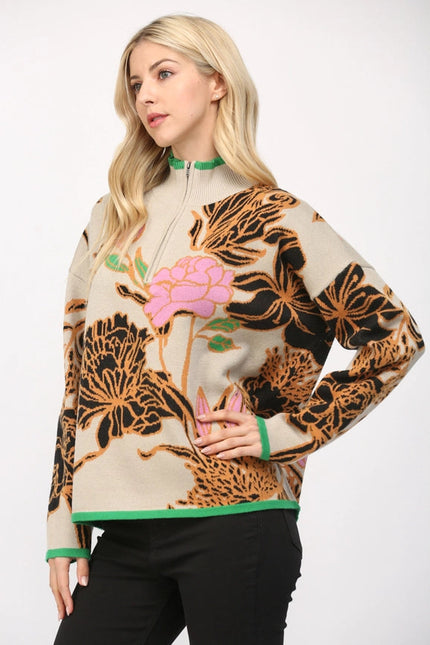 Floral Jacquard Knit Mock Neck Half Zip Sweater