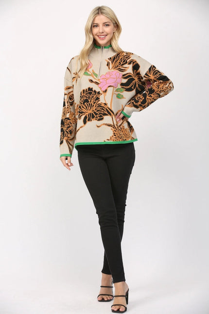 Floral Jacquard Knit Mock Neck Half Zip Sweater