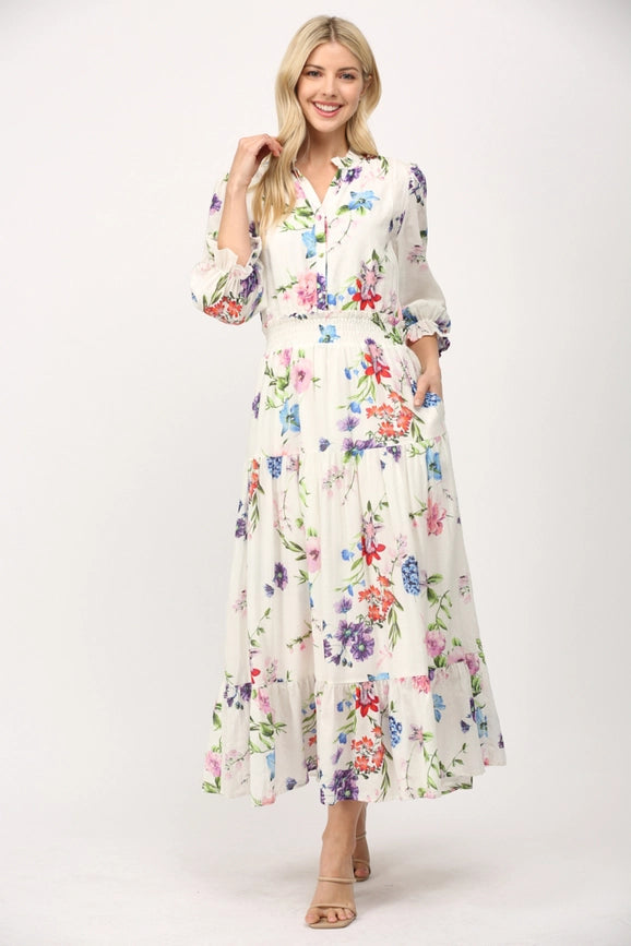 Floral Motif Print Cotton Gathered Waist Midi Dress