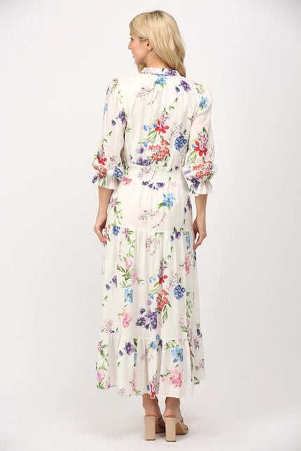 Floral Motif Print Cotton Gathered Waist Midi Dress