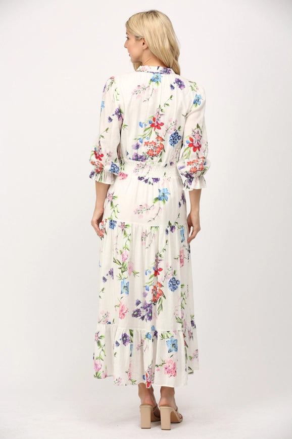 Floral Motif Print Cotton Gathered Waist Midi Dress