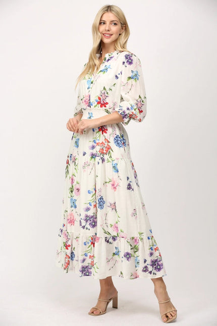 Floral Motif Print Cotton Gathered Waist Midi Dress