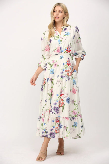 Floral Motif Print Cotton Gathered Waist Midi Dress