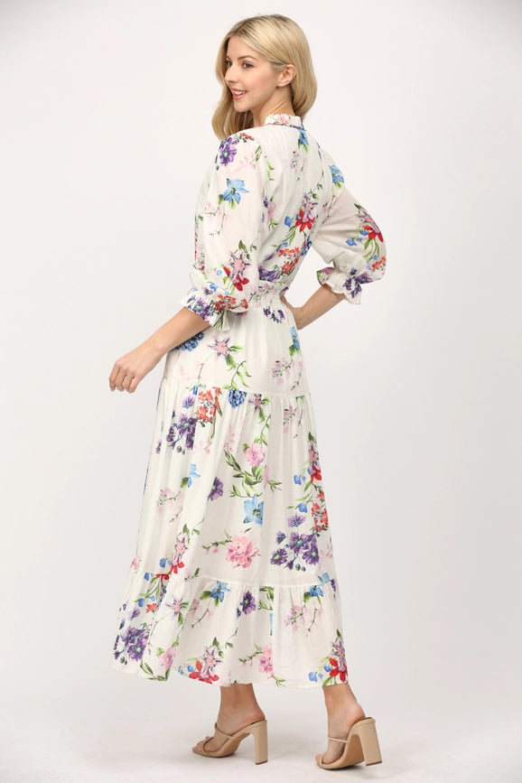 Floral Motif Print Cotton Gathered Waist Midi Dress