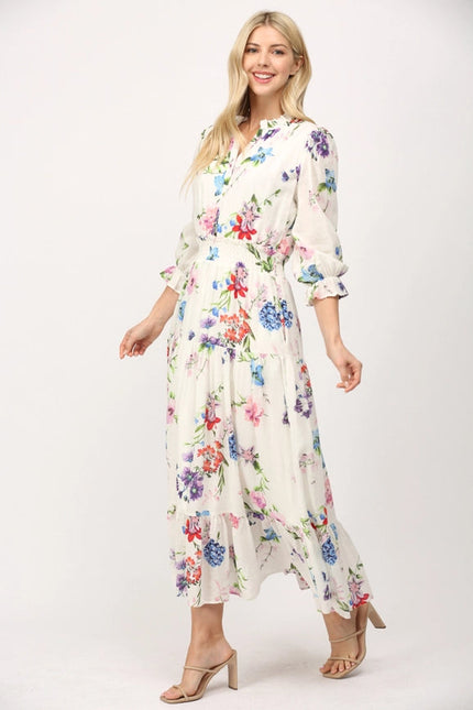 Floral Motif Print Cotton Gathered Waist Midi Dress