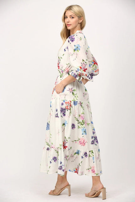 Floral Motif Print Cotton Gathered Waist Midi Dress